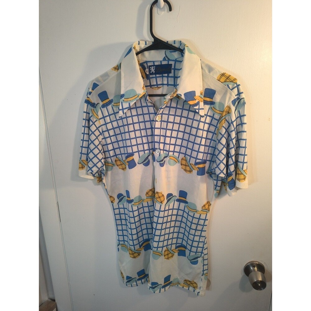 Vintage 70s Dynasty Novelty Print Shirt L Men Short Sleeve Hat Grid Disco Dagger